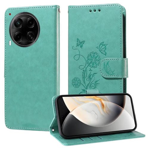 Funda de Cuero para Tecno Camon 30S y 30S Pro con Diseño de Mariposas y Flores en Relieve (Verde)