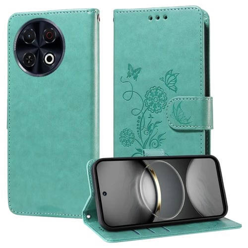 Funda de Cuero para Tecno Spark 30 Pro 4G con Diseño de Mariposas y Flores en Relieve (Verde)