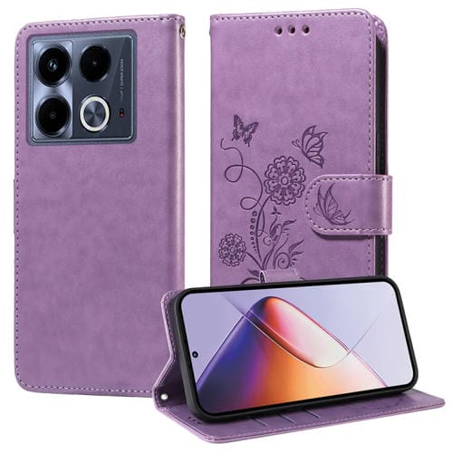 Funda de Cuero para Infinix Note 40 4G con Diseño de Mariposas y Flores en Relieve (Morado)
