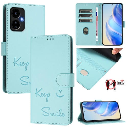 Funda de Cuero Rfid Boost Mobile Celero 5G 2024 con Relieve Sonriente (Verde Menta)