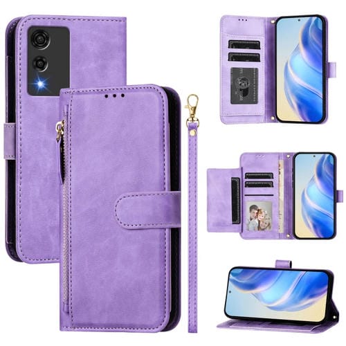 Funda de Cuero con Cremallera y Ranuras para Tarjetas para Cubot A10 (Morado)