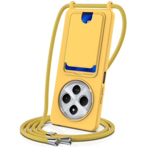 Funda de silicona líquida de color sólido con cordón para Redmi 14C 4G / 14R 5G / A4 5G (con tarjetero integrado) (amarilla)