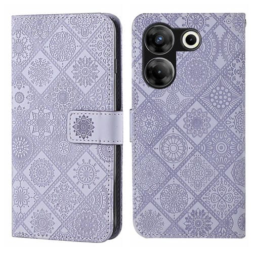 Funda de Cuero para Tecno Camon 20 Pro 5G con Patrón Étnico en Relieve (Morado)