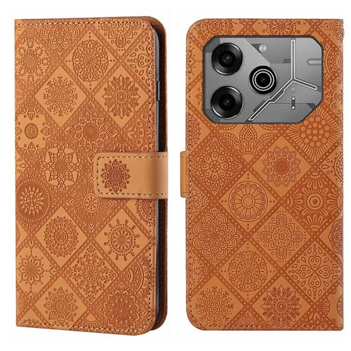 Funda de Cuero para Tecno Pova 6/6 Pro con Patrón En Relieve Estilo Étnico (Marrón)