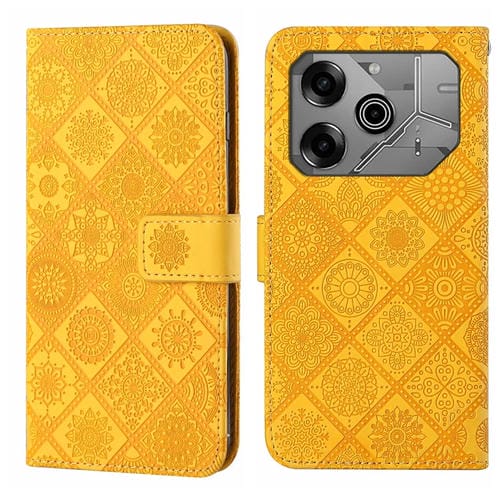 Funda de Cuero para Tecno Pova 6/6 Pro con Patrón Étnico en Relieve (Amarillo)