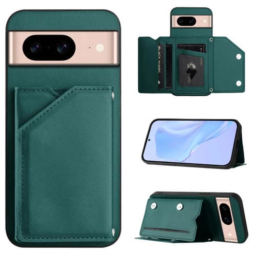 Funda para Teléfono Google Pixel 8A Skin Feel con 4 Ranuras para Tarjetas y Correa para Muñeca (Verde)