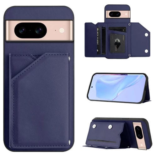 Funda para Teléfono Google Pixel 8A Skin Feel con 4 Ranuras para Tarjetas y Correa para Muñeca (Azul)