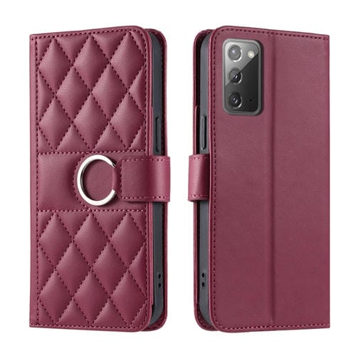 Funda de Cuero Samsung Galaxy Note20 Forma de Rombo Hebilla de Anillo (Rojo)