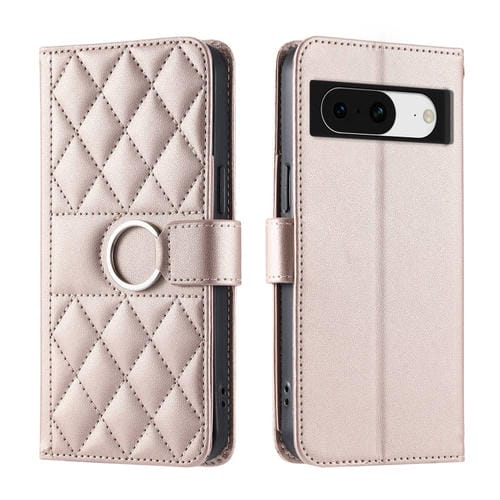 Funda de Cuero Google Pixel 8 con Diseño Rombal y Hebilla de Anillo (Oro Rosa)