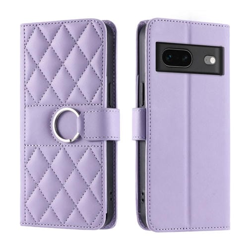 Funda de Cuero Google Pixel 7 Diseño de Rombos Hebilla de Anillo (Morado)