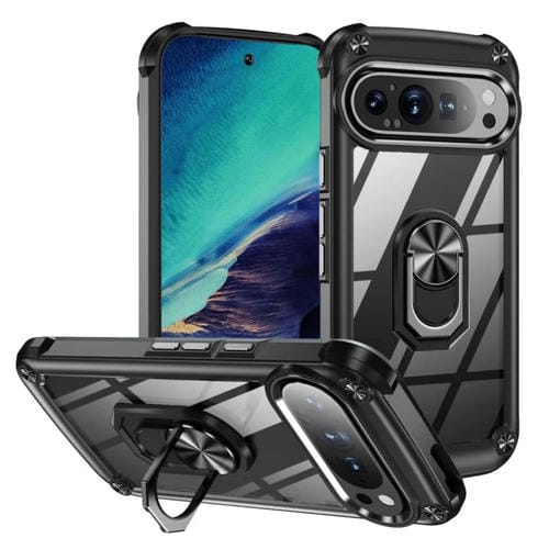 Funda Protectora de Lente TPU + PC para Google Pixel 9 Pro XL con Soporte de Anillo (Negro)