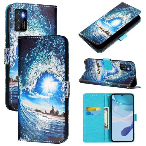 Funda de Cuero para Cubot P50 con Diseño Ondas y Sol (Color Liso)