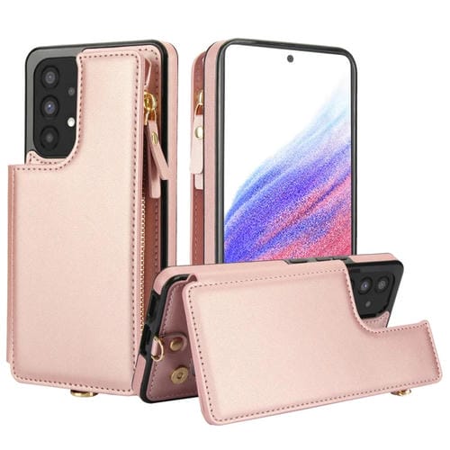 Funda Cuero Rfid Samsung Galaxy A73 5G Cremallera Doble Solapa Cordón Corto (Oro Rosa)