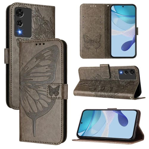 Funda de Cuero Cubot A10 Diseño Mariposa En Relieve (Gris)