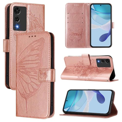 Funda de Cuero para Cubot A10 con Diseño de Mariposa en Relieve (Oro Rosa)