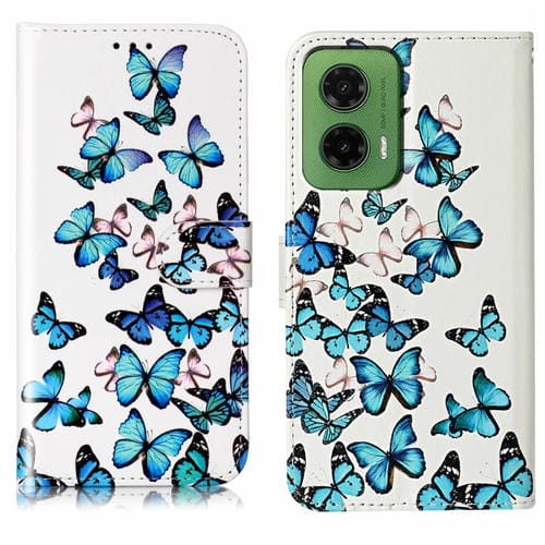 Funda de Cuero para Motorola Moto G35 con Patrón de Mármol y Mariposas Azules
