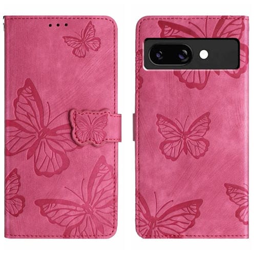 Funda de Piel con Relieve de Mariposa para Google Pixel 9A (Rosa Rojo)