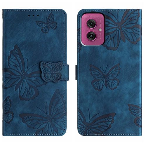 Funda de Piel con Relieve de Mariposa para Motorola Moto G55 (Azul)
