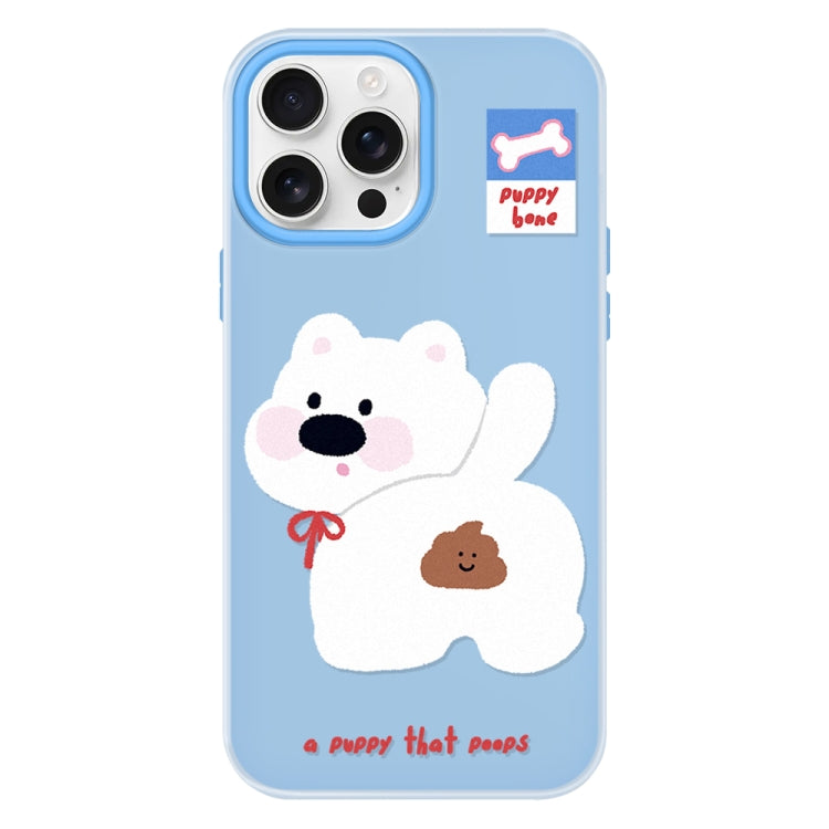 Funda híbrida TPU Policarbonato iPhone 16 Pro Cachorro Haciendo Caca (Azul)