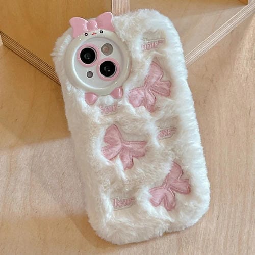 Funda de TPU con Bordado de Felpa para iPhone 14 Plus (Lazo Beige)