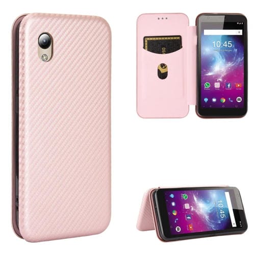 Para ZTE Blade A3 Lite Funda de cuero con textura de fibra de carbono magnética con tapa horizontal TPU + PC + PU con ranura para tarjeta (rosa)