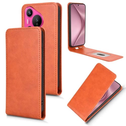 Funda de Cuero con Tapa Vertical Magnética para Huawei Pura 70 5G (Marrón)