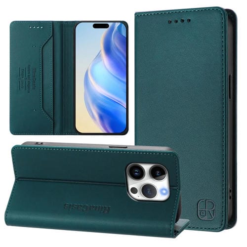 Funda de Cuero Rc01 para iPhone 16 Pro Max con Doble Pliegue y Succión Magnética (Verde Oscuro)