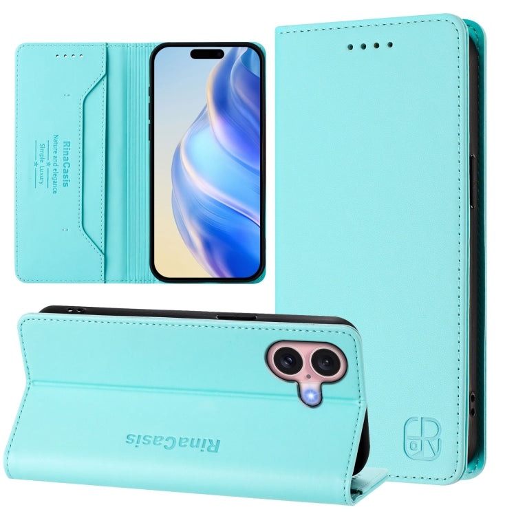 Funda de Cuero para iPhone 16 Rc01 Doble Pliegue Succión Magnética (Verde Menta)