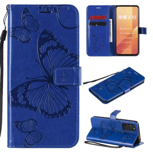 Para Huawei Honor X10 Patrón de estampado de mariposas en 3D Funda de cuero con tapa horizontal con soporte y ranura para tarjeta y billetera y cordón (azul)