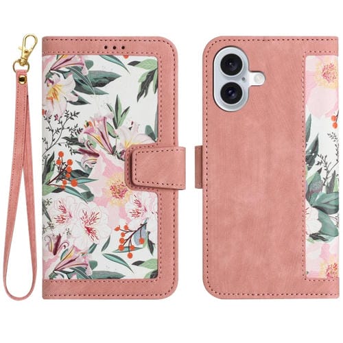 Funda de Cuero iPhone 16 Estampado Floral con Cordón (Rosa)