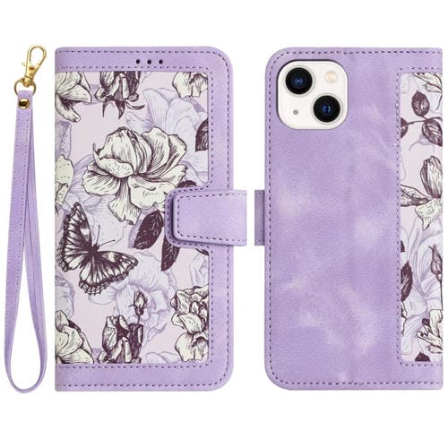 Funda para iPhone 14 Plus Cuero Estampado Floral con Cordón (Morado Claro)
