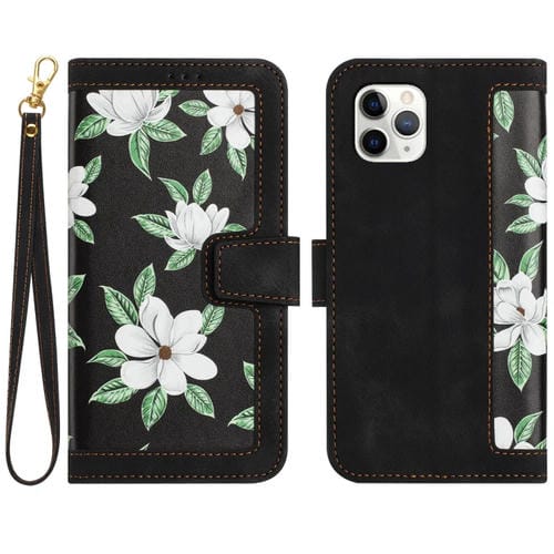 Funda de Cuero para iPhone 11 Pro Max con Estampado Floral y Cordón (Negro)