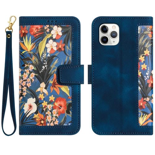 Funda de Cuero iPhone 11 Pro Max Estampado Floral con Cordón (Azul Oscuro)