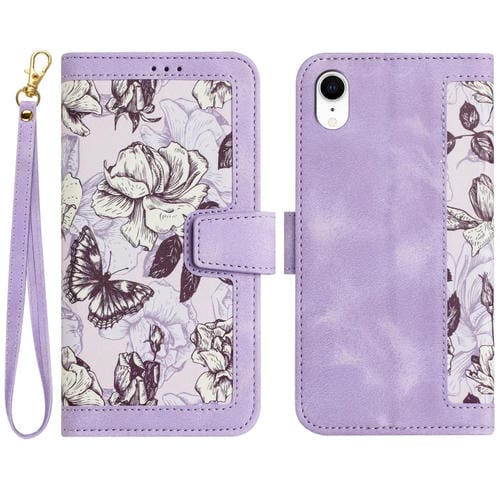Funda de Cuero para iPhone Xr Estampado Floral con Cordón (Morado Claro)