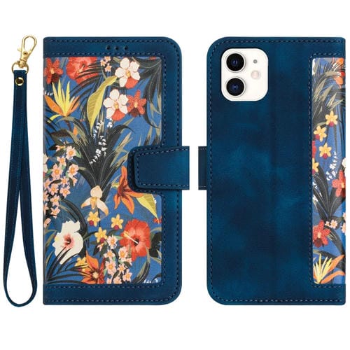 Funda de Cuero para iPhone 12 Mini con Estampado Floral y Cordón (Azul Oscuro)