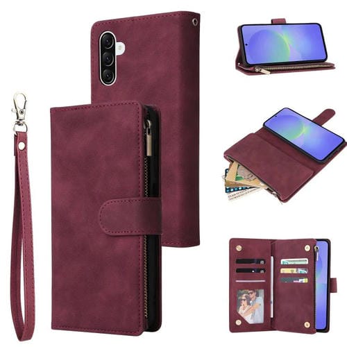 Funda de Cuero Samsung Galaxy A36 5G con Cremallera y Tarjetero Multifuncional (Rojo Vino)