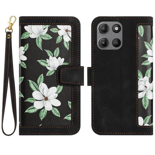 Funda de Cuero con Estampado Floral y Cordón para Motorola Moto G 5G (2025) (Negro)