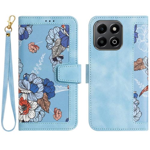 Funda de Cuero Honor 200 con Estampado Floral y Cordón (Azul Claro)
