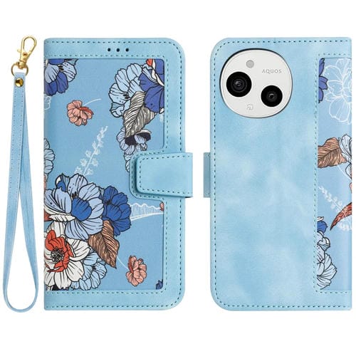 Funda de Cuero con Estampado Floral y Cordón para Sharp Aquos Sense9 (Azul Claro)
