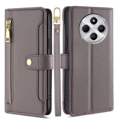 Funda de Cuero con Textura de Oveja para Redmi 14C 4G, con Cremallera y Bandolera (Gris)