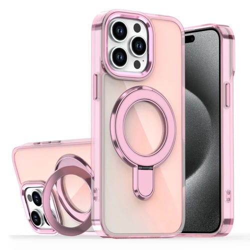 Estuche para Teléfono con Soporte Magsafe para iPhone 15 Pro con Revestimiento Degradado y Decoloración (Rosa Transparente)