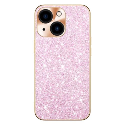 Estuche para Teléfono iPhone 14 con Anillo de Lente y Textura de Cd Diamante Estrellado (Rosa)