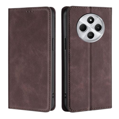 Funda de Cuero Magnética con Tacto de Piel para Redmi 14C 4G (Marrón Oscuro)