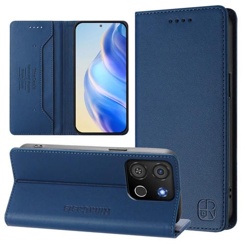 Funda de Cuero Rfid para Teléfono Itel A05S Rc01 con Doble Pliegue y Succión Magnética (Azul Oscuro)