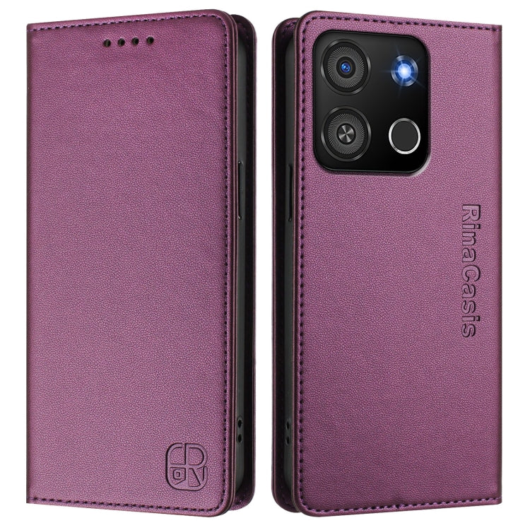 Funda de Cuero Rfid para Teléfono Itel A05S Rc01 con Doble Pliegue y Succión Magnética (Violeta)