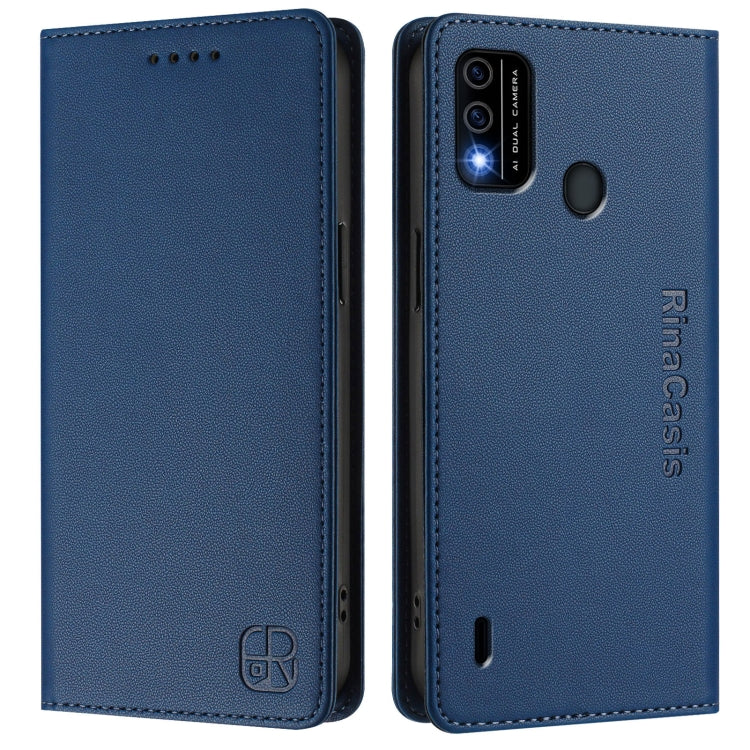Funda de Cuero Rfid para Teléfono Itel A48 Rc01 con Doble Pliegue y Succión Magnética (Azul Oscuro)