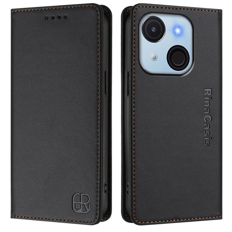 Funda de Cuero Rfid para Teléfono Itel A50C Rc01 con Doble Pliegue y Succión Magnética (Negra)