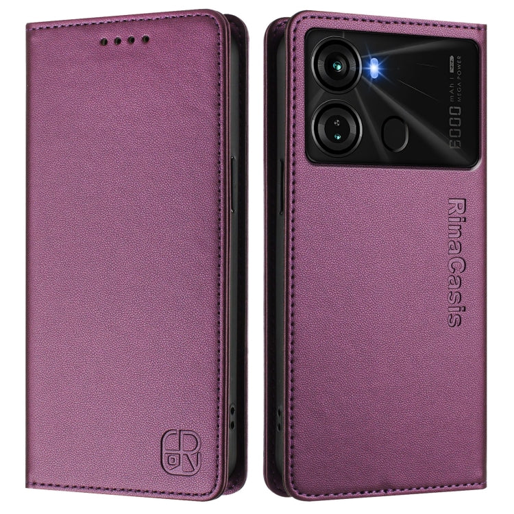 Funda de Cuero Rfid con Doble Pliegue y Succión Magnética para Itel P40 Rc01 (Violeta)