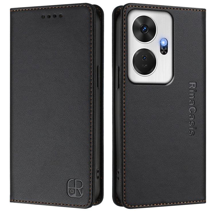 Funda de Cuero Rfid para Teléfono Itel P55+ Rc01 con Doble Pliegue y Succión Magnética (Negra)