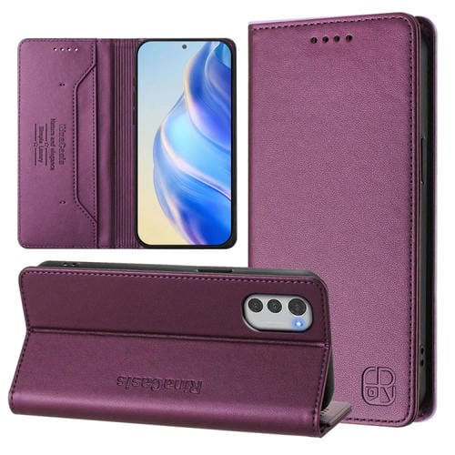Funda de Cuero Rfid para Motorola Moto E32 Global Rc01 con Doble Pliegue y Succión Magnética (Violeta)